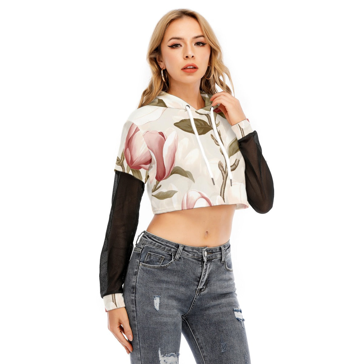 All-Over Print Women's Fake Two-piece Mesh Sleeve Cropped Hoodie