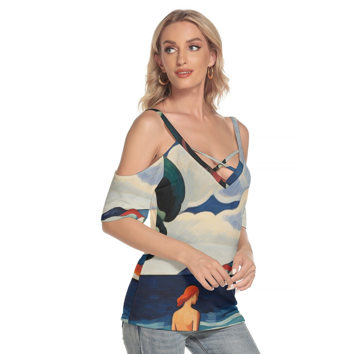 All-Over Print Women's Cold Shoulder T-shirt With Criss Cross Strips