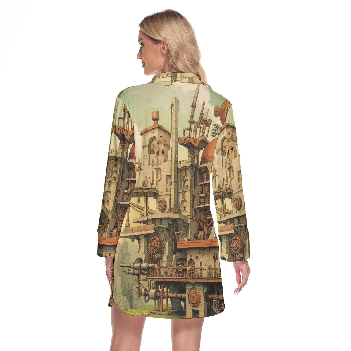 All-Over Print Women's Lapel Shirt Dress With Long Sleeve