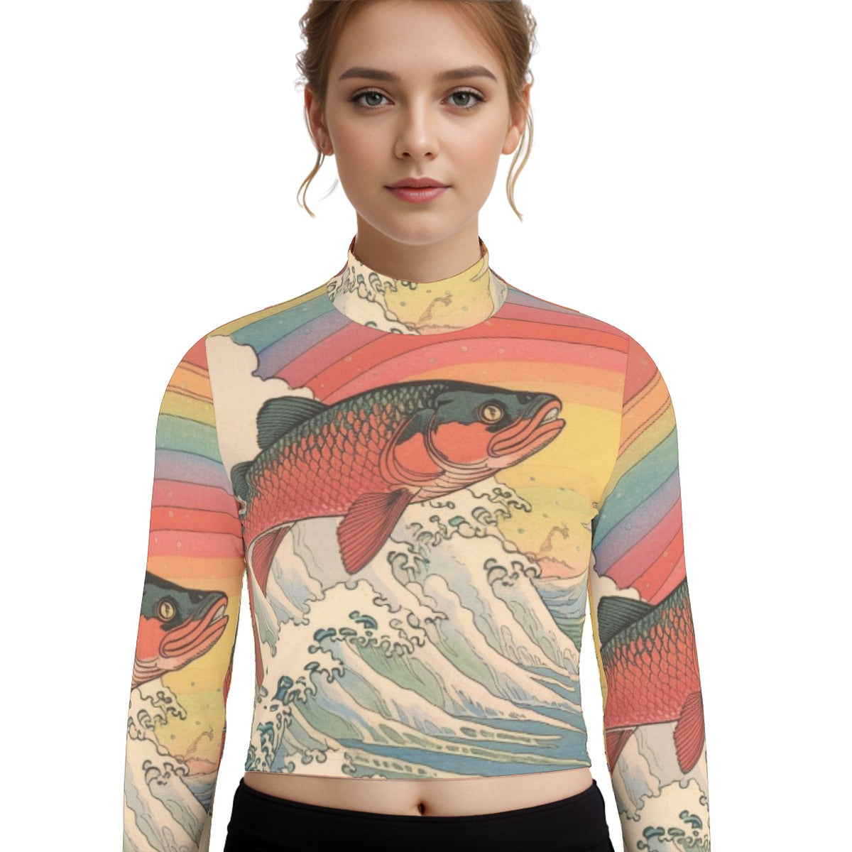 Eco-Friendly All-Over Print Women's Turtleneck T-shirt With Long Sleeve