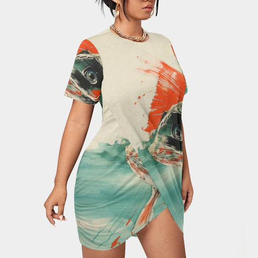 All-Over Print Women’s Stacked Hem Dress With Short Sleeve（Plus Size）