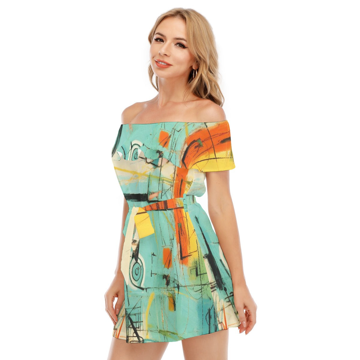 All-Over Print Women's Off-shoulder Dress With Ruffle