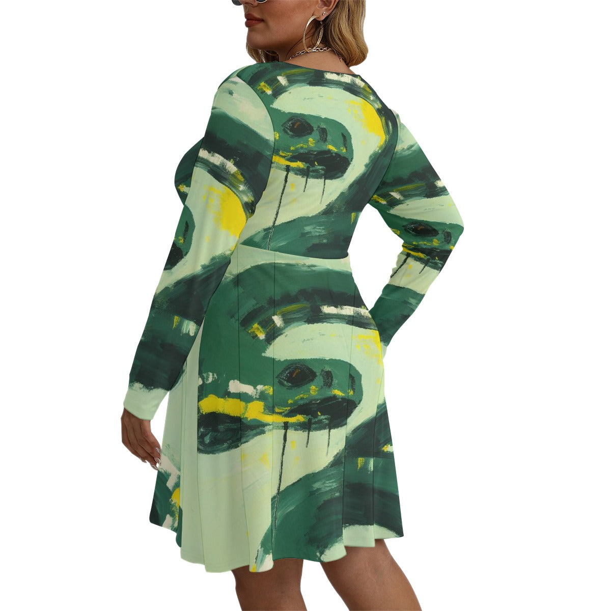 All-Over Print Women's V-neck Long Sleeve Dress(Plus Size)