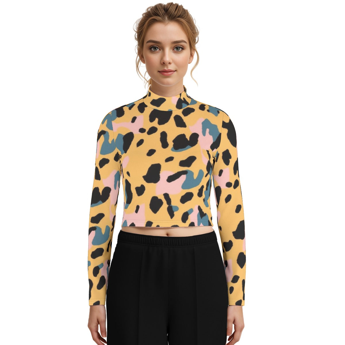 Eco-Friendly All-Over Print Women's Turtleneck T-shirt With Long Sleeve