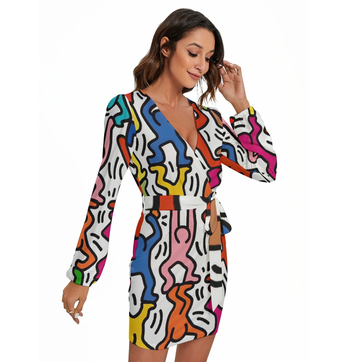 All-Over Print Women's Long Sleeve Dress With Waist Belt