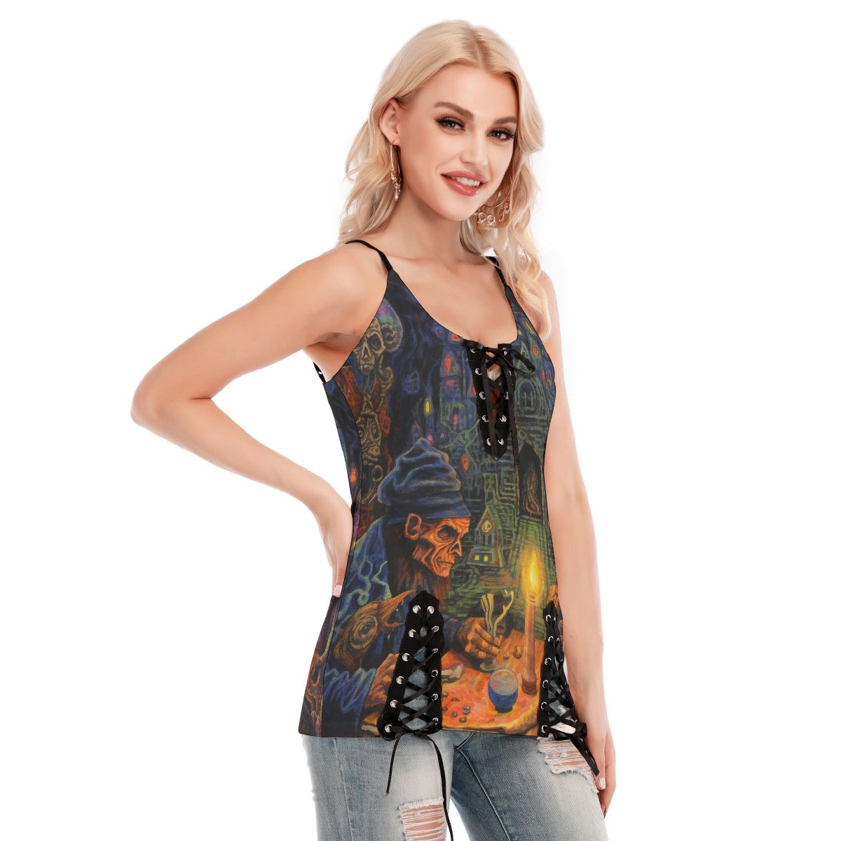 All-Over Print Women's V-neck Eyelet Lace-up Cami Dress