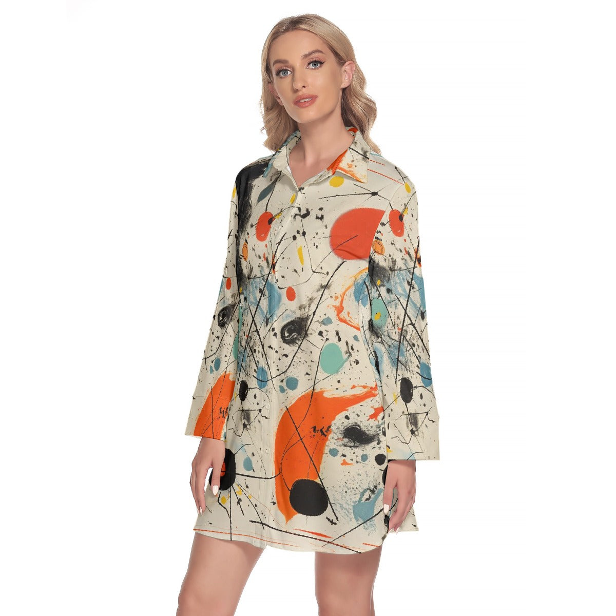 All-Over Print Women's Lapel Shirt Dress With Long Sleeve