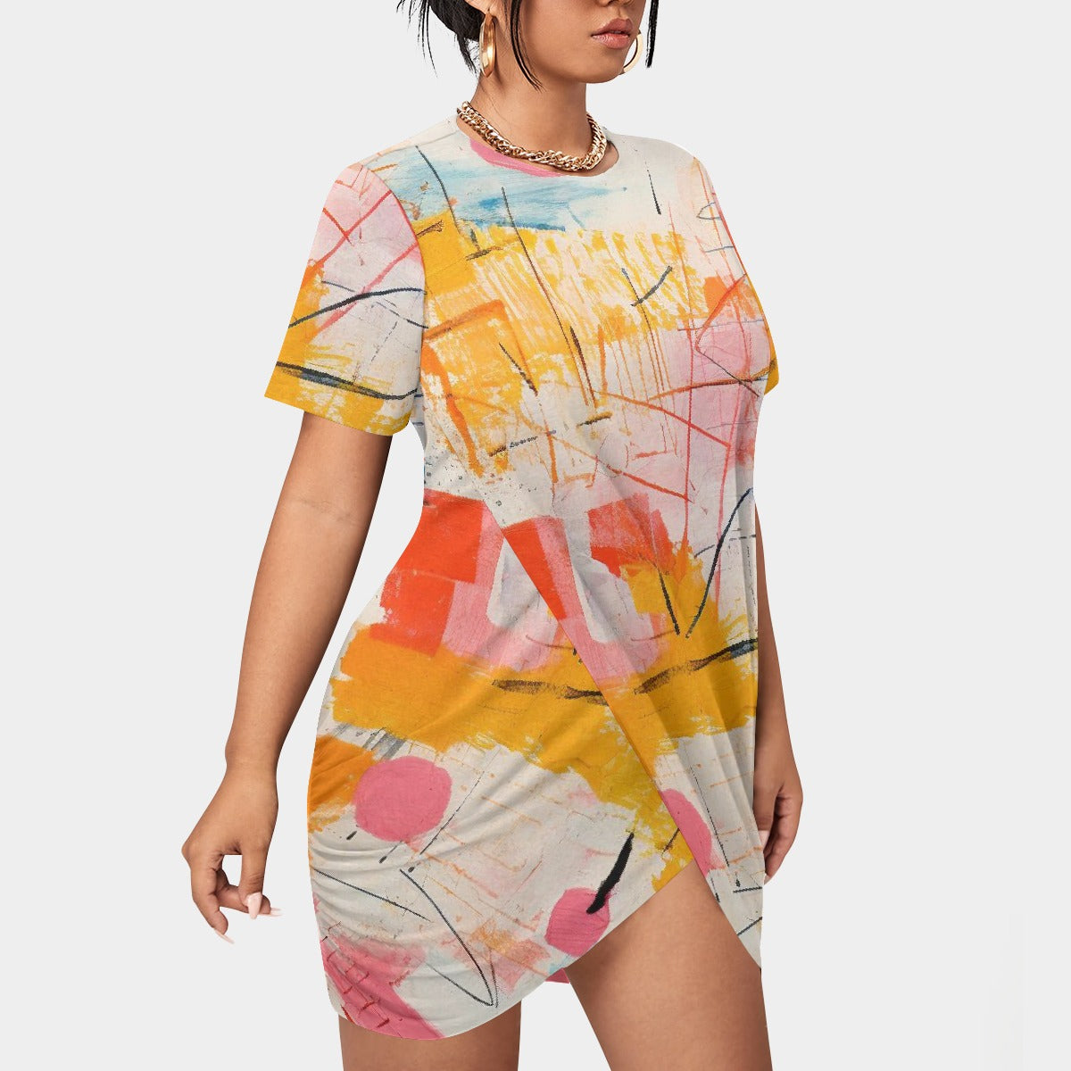 All-Over Print Women’s Stacked Hem Dress With Short Sleeve（Plus Size）