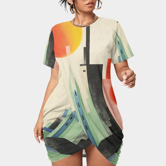 All-Over Print Women’s Stacked Hem Dress With Short Sleeve（Plus Size）