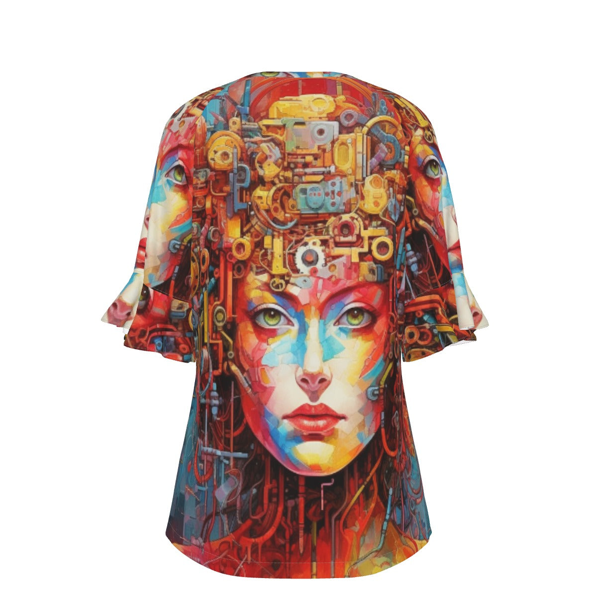 All-Over Print V-neck Women's T-shirt With Bell Sleeve