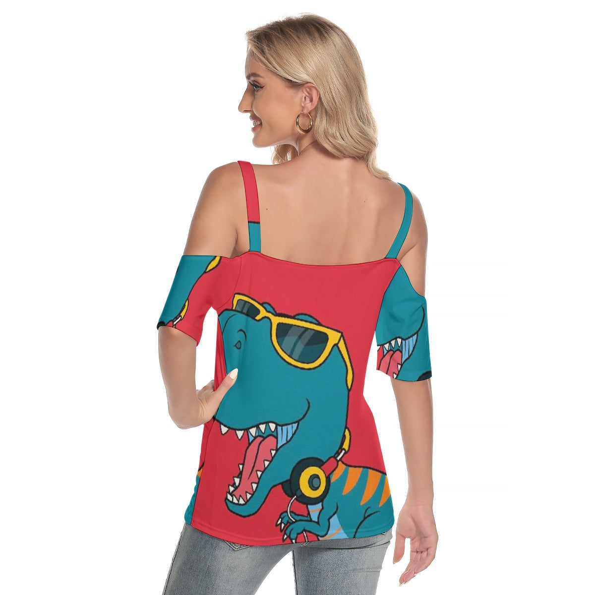 All-Over Print Women's Cold Shoulder T-shirt With Criss Cross Strips