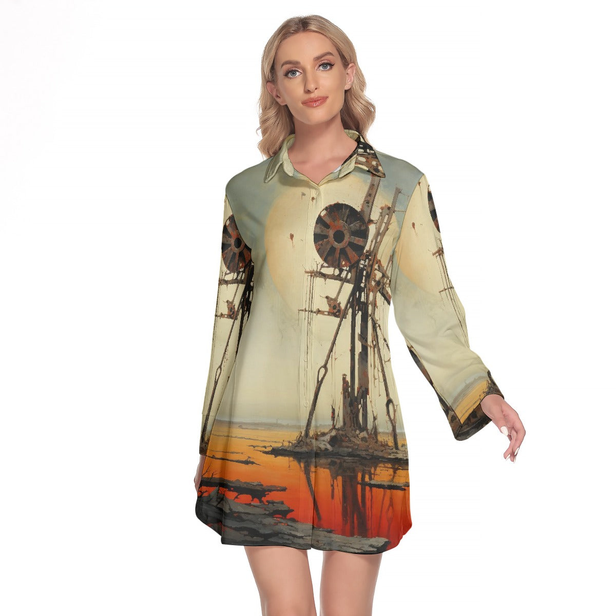 All-Over Print Women's Lapel Shirt Dress With Long Sleeve