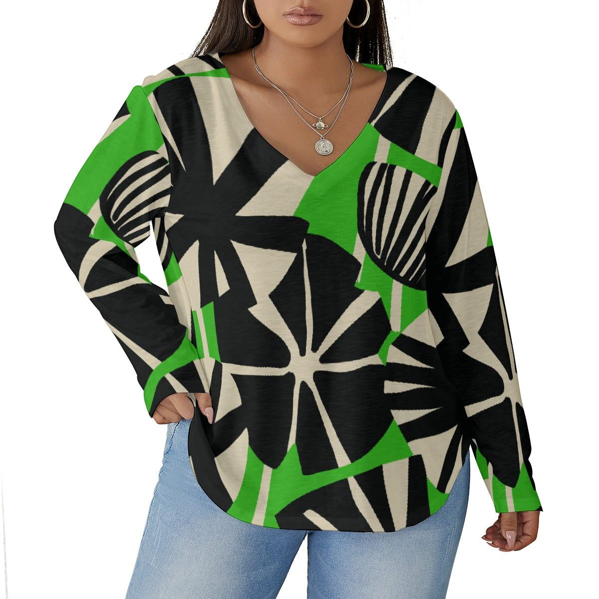 All-Over Print Women's V-neck T-shirt With Curved Hem(Plus Size)