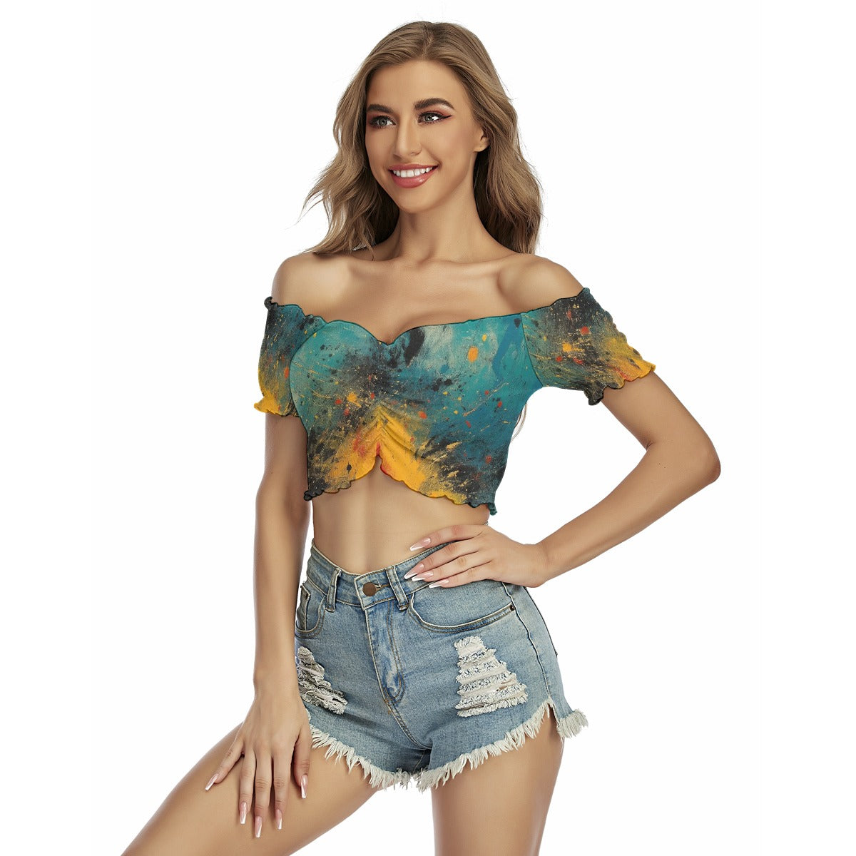 All-Over Print Women's One-shoulder Off-the-navel Short Sleeve T-shirt