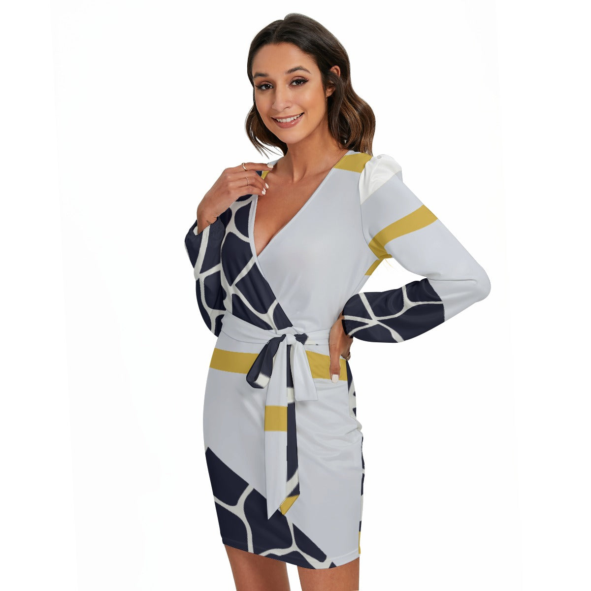 All-Over Print Women's Long Sleeve Dress With Waist Belt