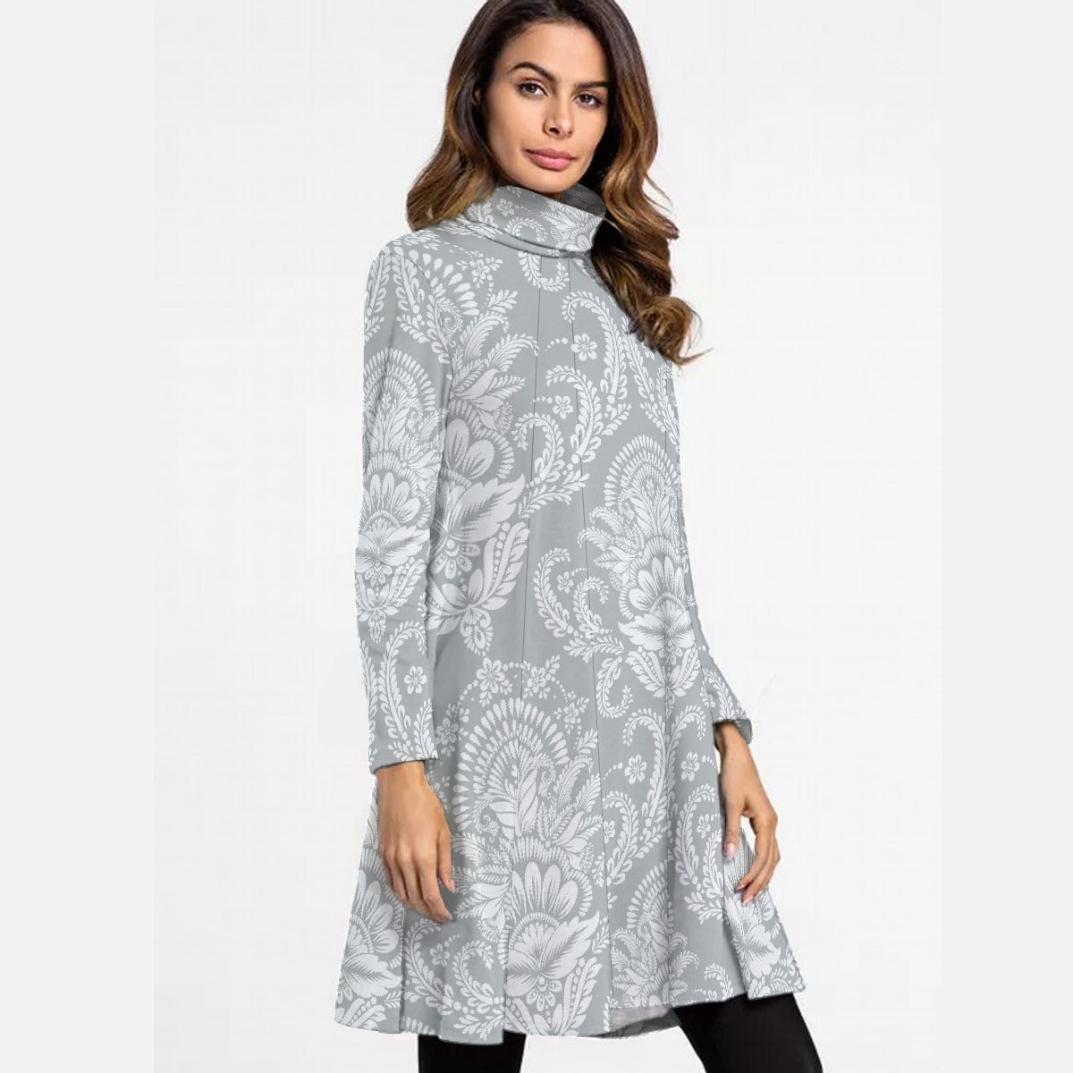 All-Over Print Women's High Neck Dress With Long Sleeve