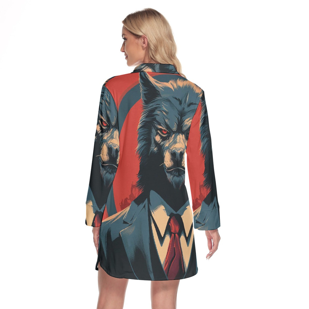 All-Over Print Women's Lapel Shirt Dress With Long Sleeve