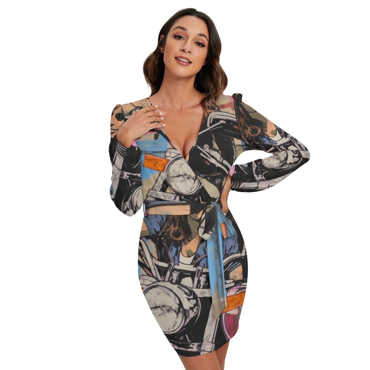 All-Over Print Women's Long Sleeve Dress With Waist Belt