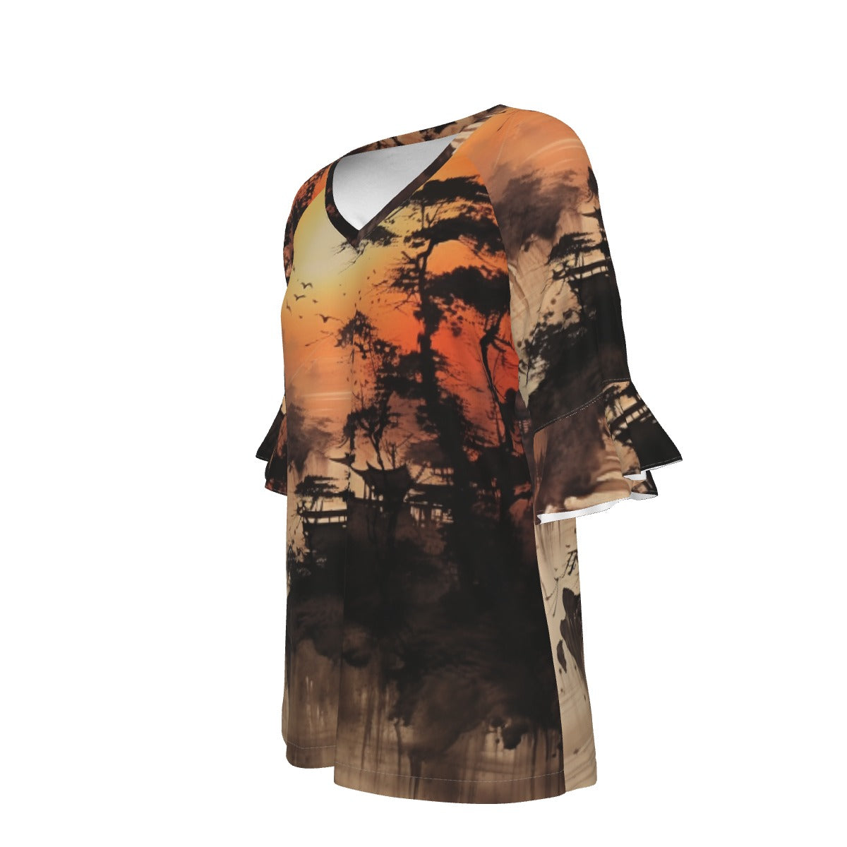 All-Over Print V-neck Women's T-shirt With Bell Sleeve