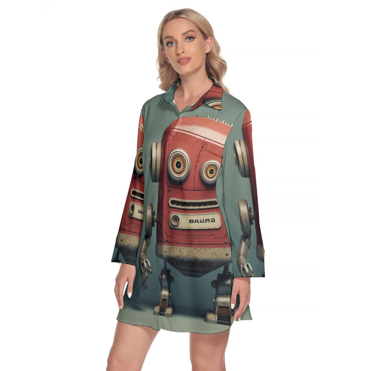 All-Over Print Women's Lapel Shirt Dress With Long Sleeve