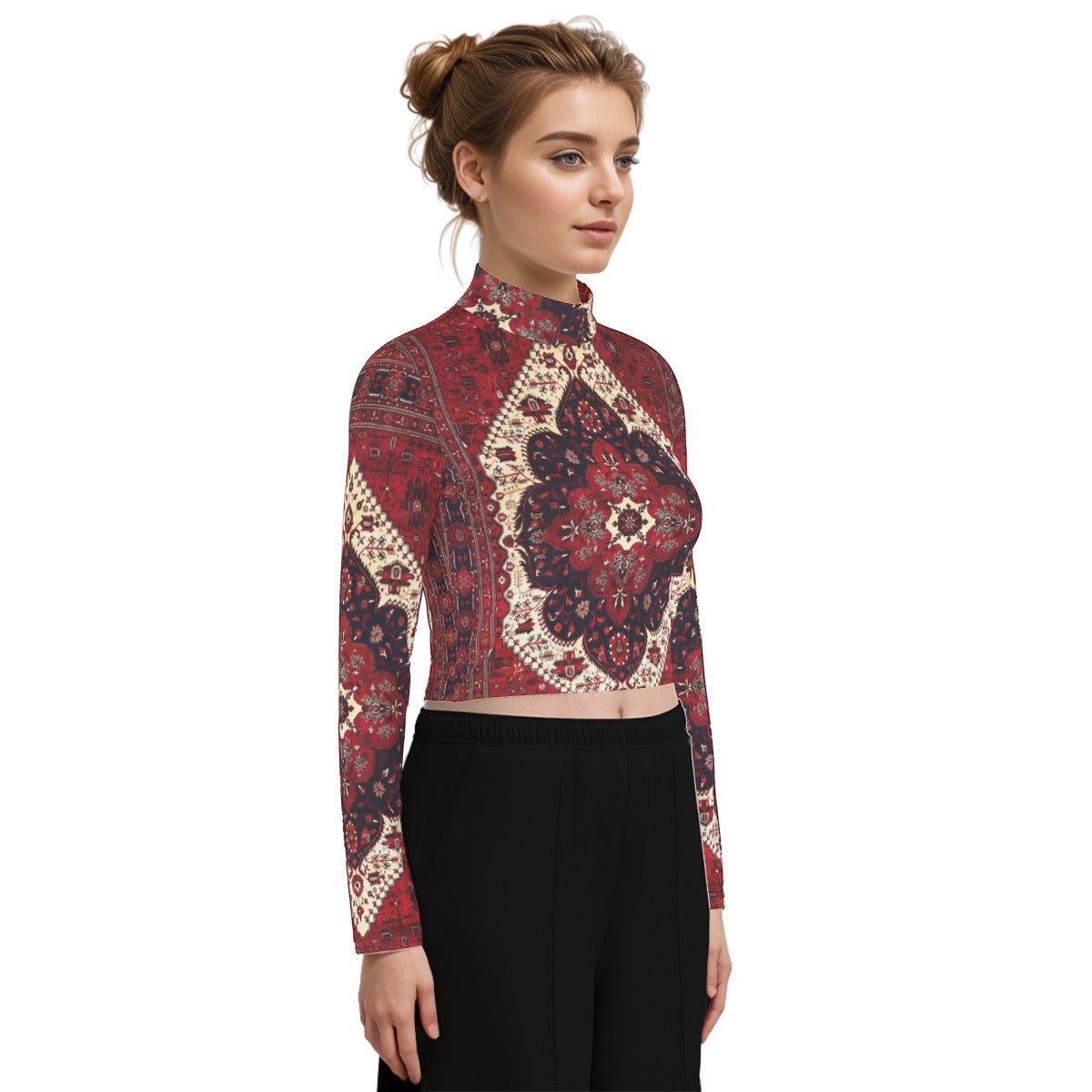 Eco-Friendly All-Over Print Women's Turtleneck T-shirt With Long Sleeve