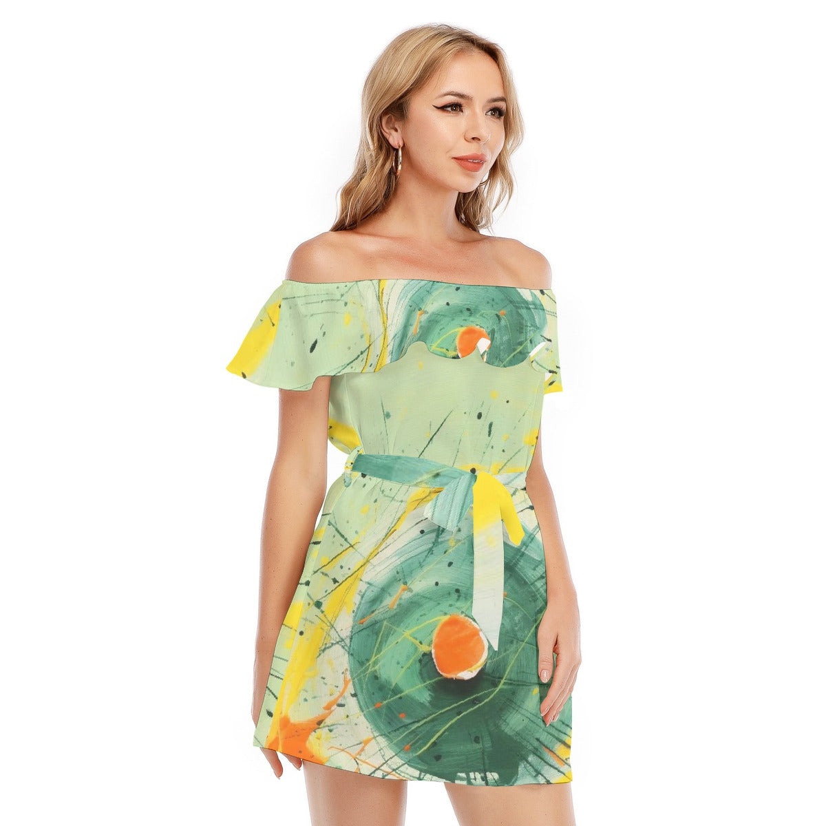 All-Over Print Women's Off-shoulder Dress With Ruffle