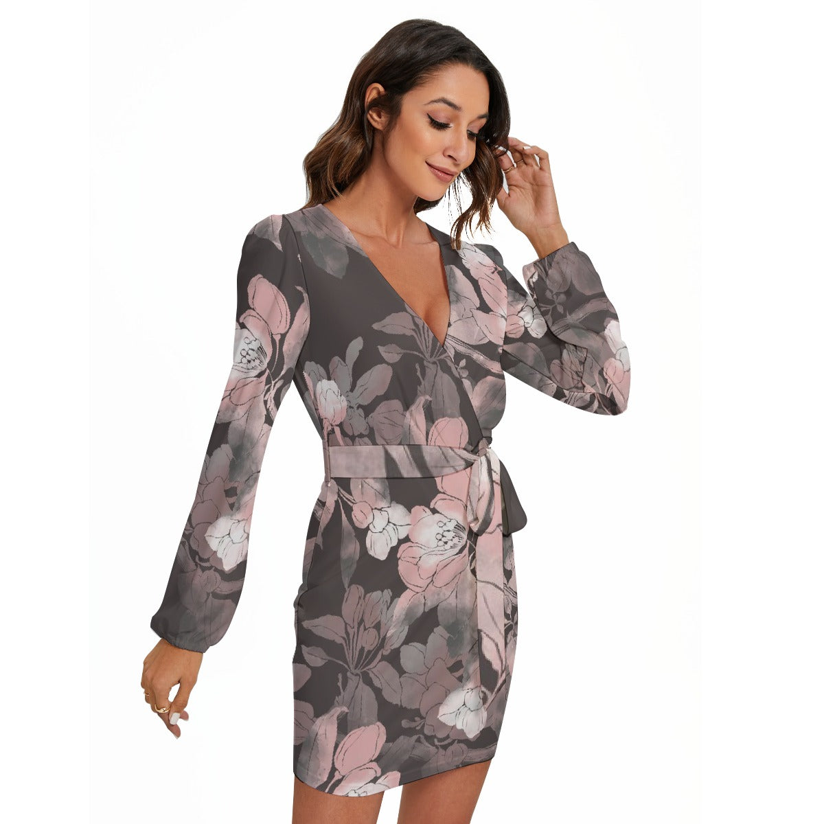 All-Over Print Women's Long Sleeve Dress With Waist Belt