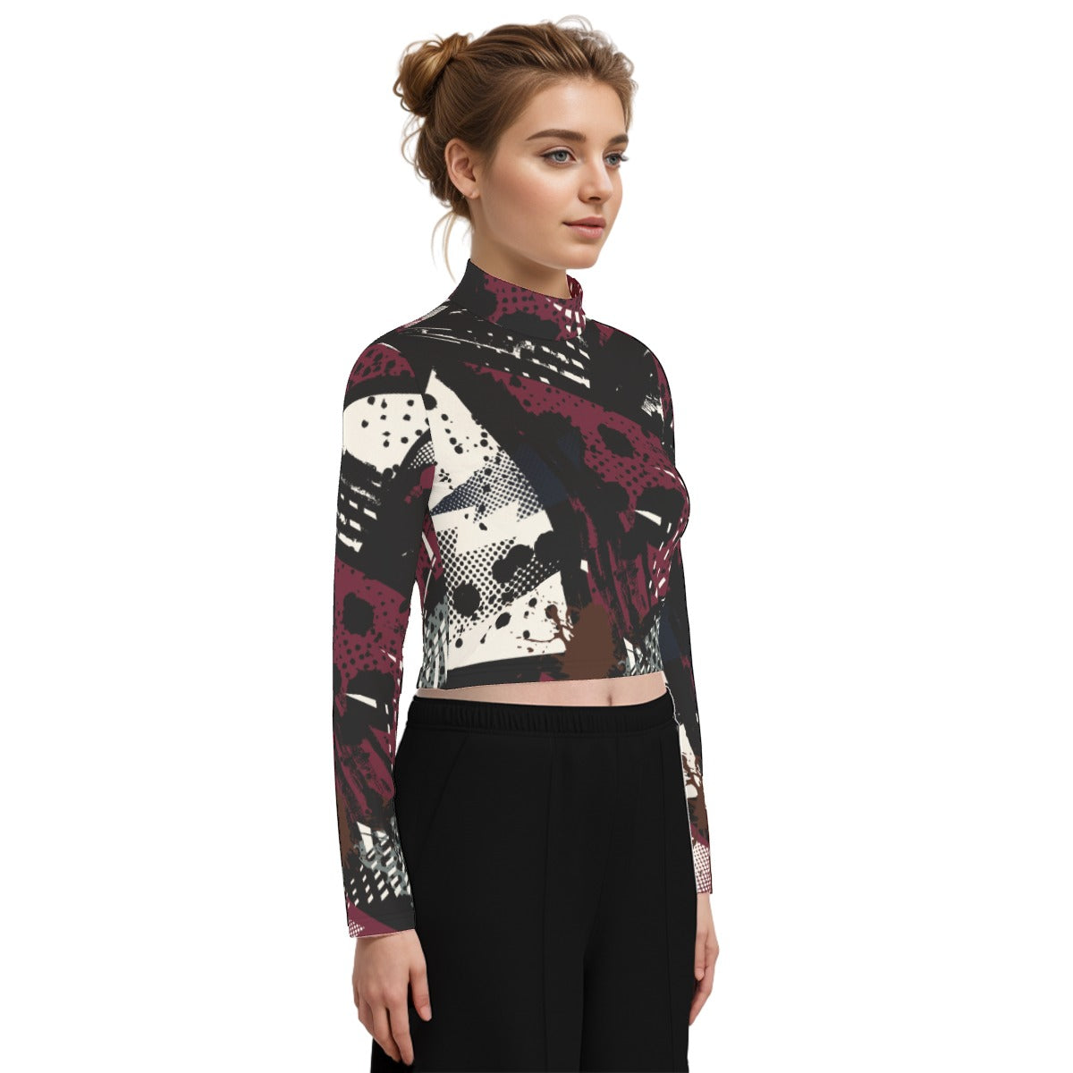 Eco-Friendly All-Over Print Women's Turtleneck T-shirt With Long Sleeve