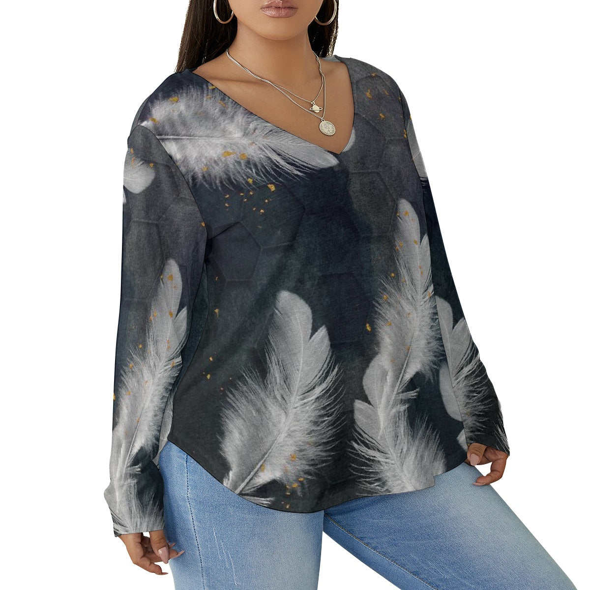 All-Over Print Women's V-neck T-shirt With Curved Hem(Plus Size)