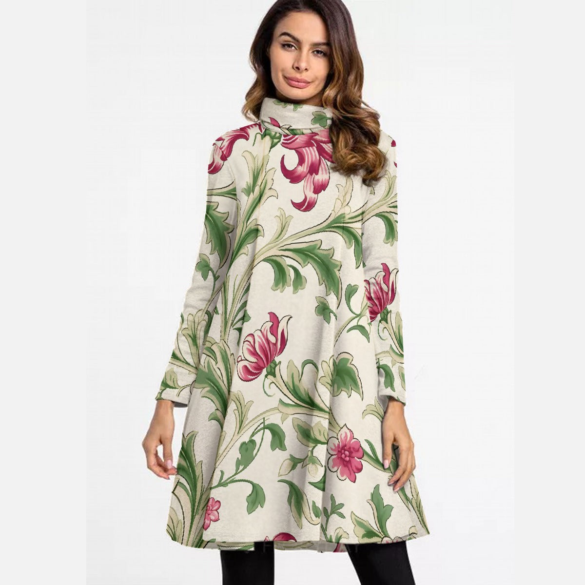 All-Over Print Women's High Neck Dress With Long Sleeve