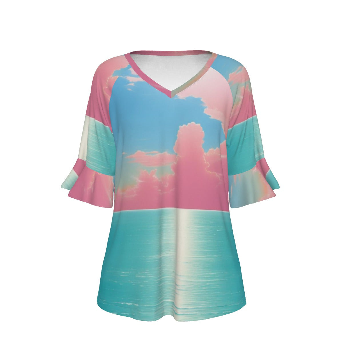 All-Over Print V-neck Women's T-shirt With Bell Sleeve