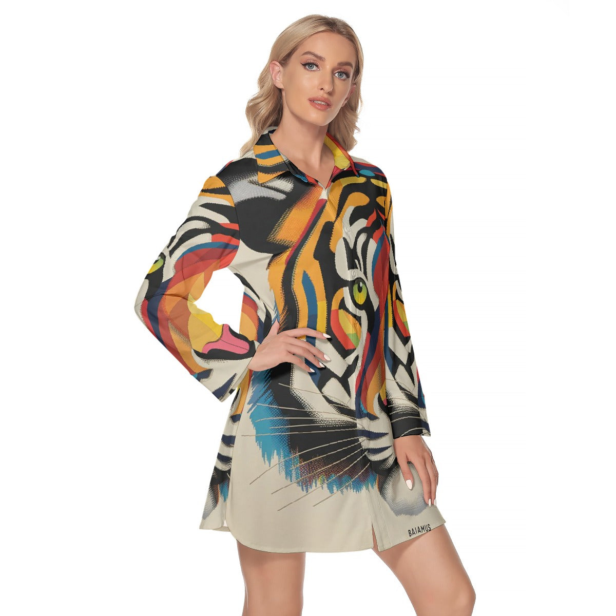 All-Over Print Women's Lapel Shirt Dress With Long Sleeve