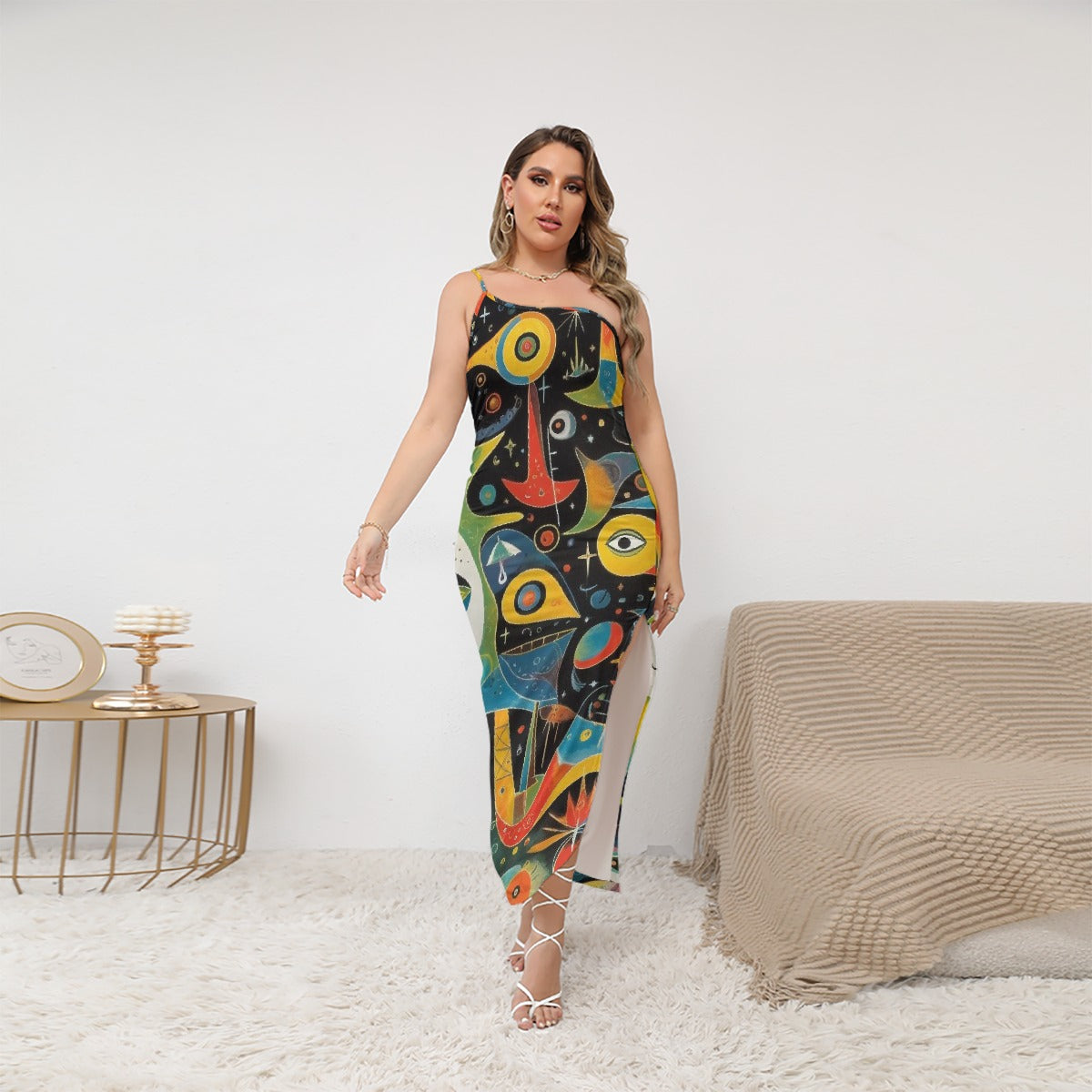 All-Over Print Women's Oblique-Shoulder Exposure Dress With Side Split (Plus Size)