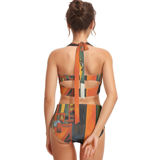 All-Over Print Women's Swimsuit Set With Halter