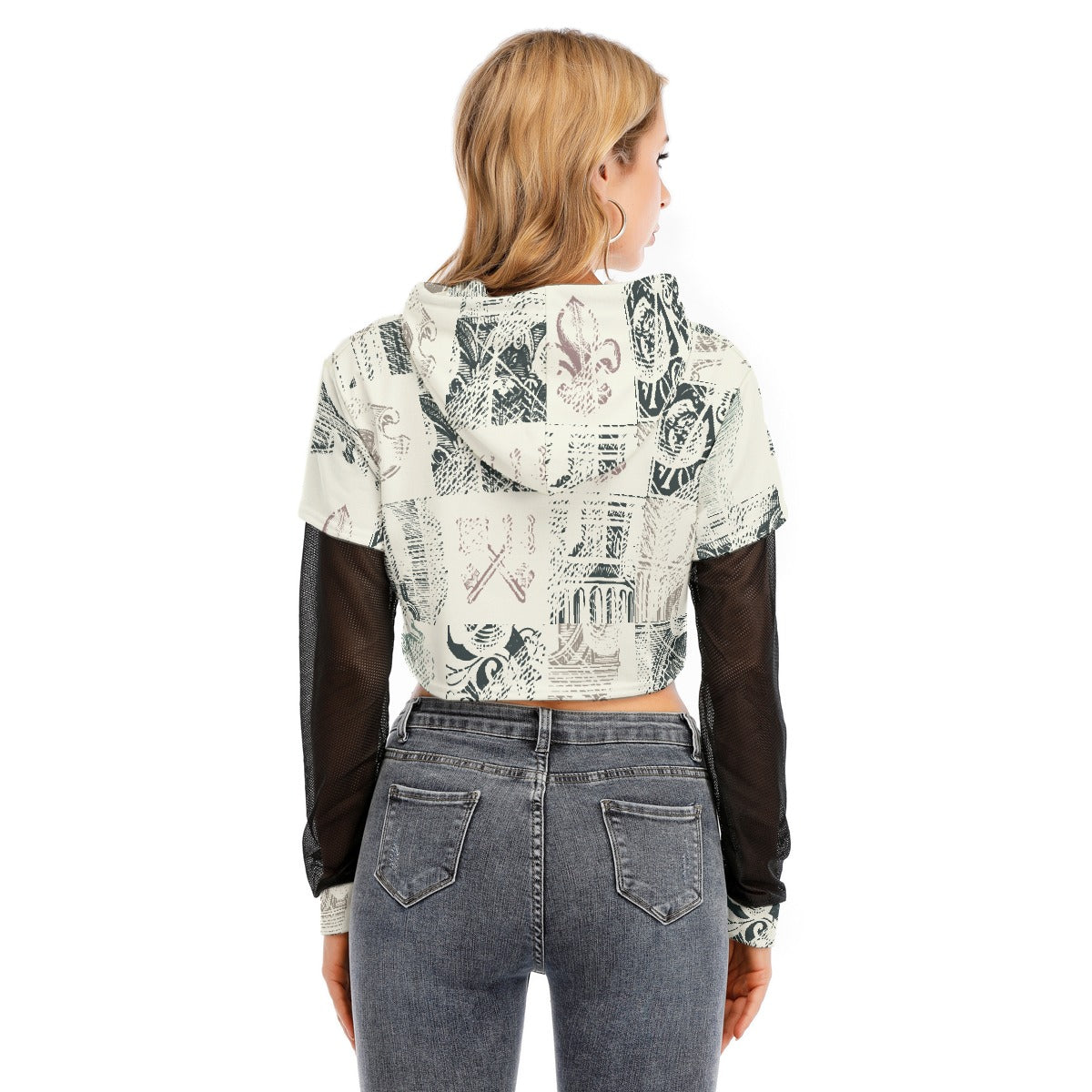 All-Over Print Women's Fake Two-piece Mesh Sleeve Cropped Hoodie