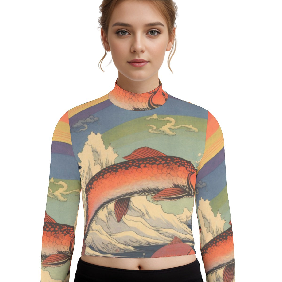 Eco-Friendly All-Over Print Women's Turtleneck T-shirt With Long Sleeve