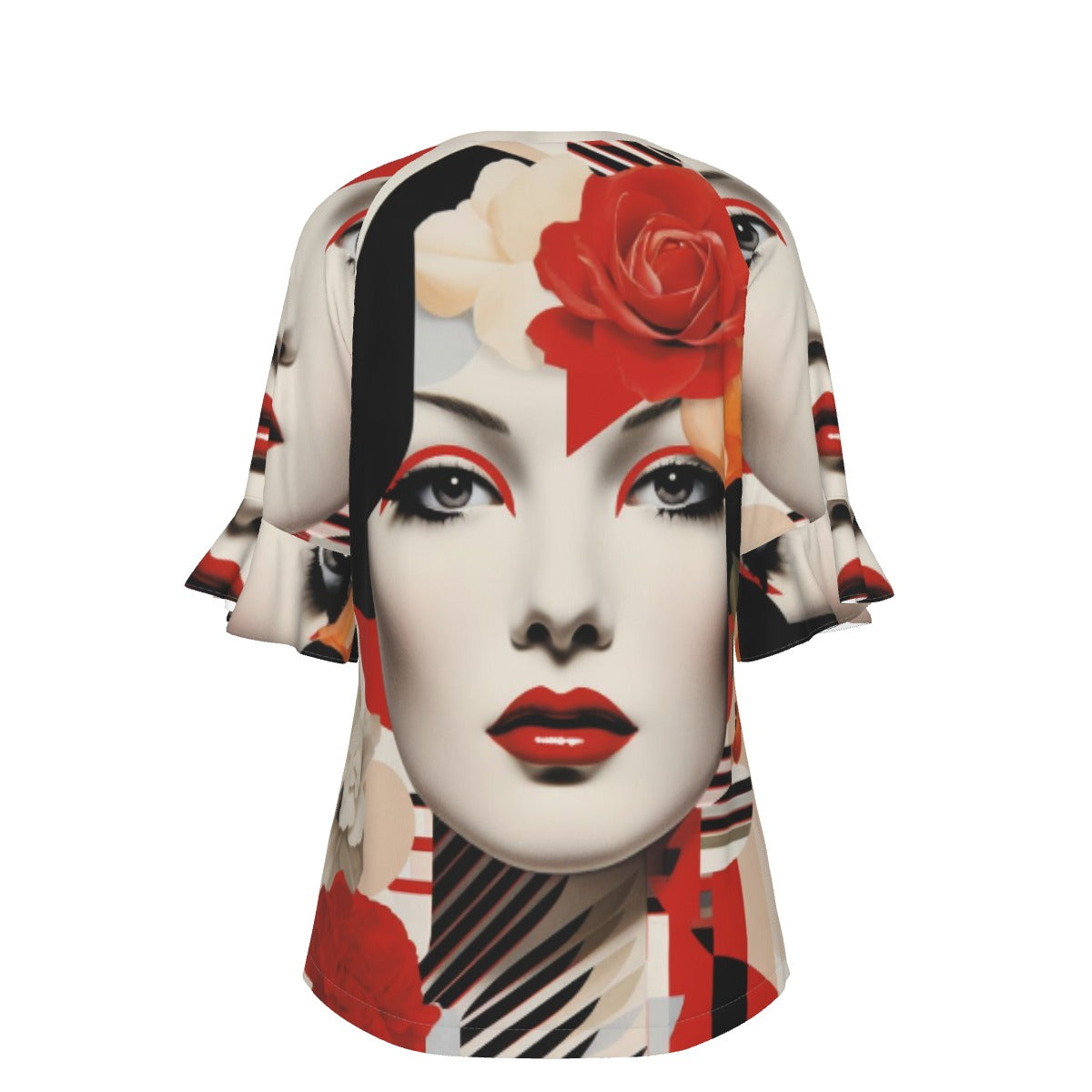 All-Over Print V-neck Women's T-shirt With Bell Sleeve