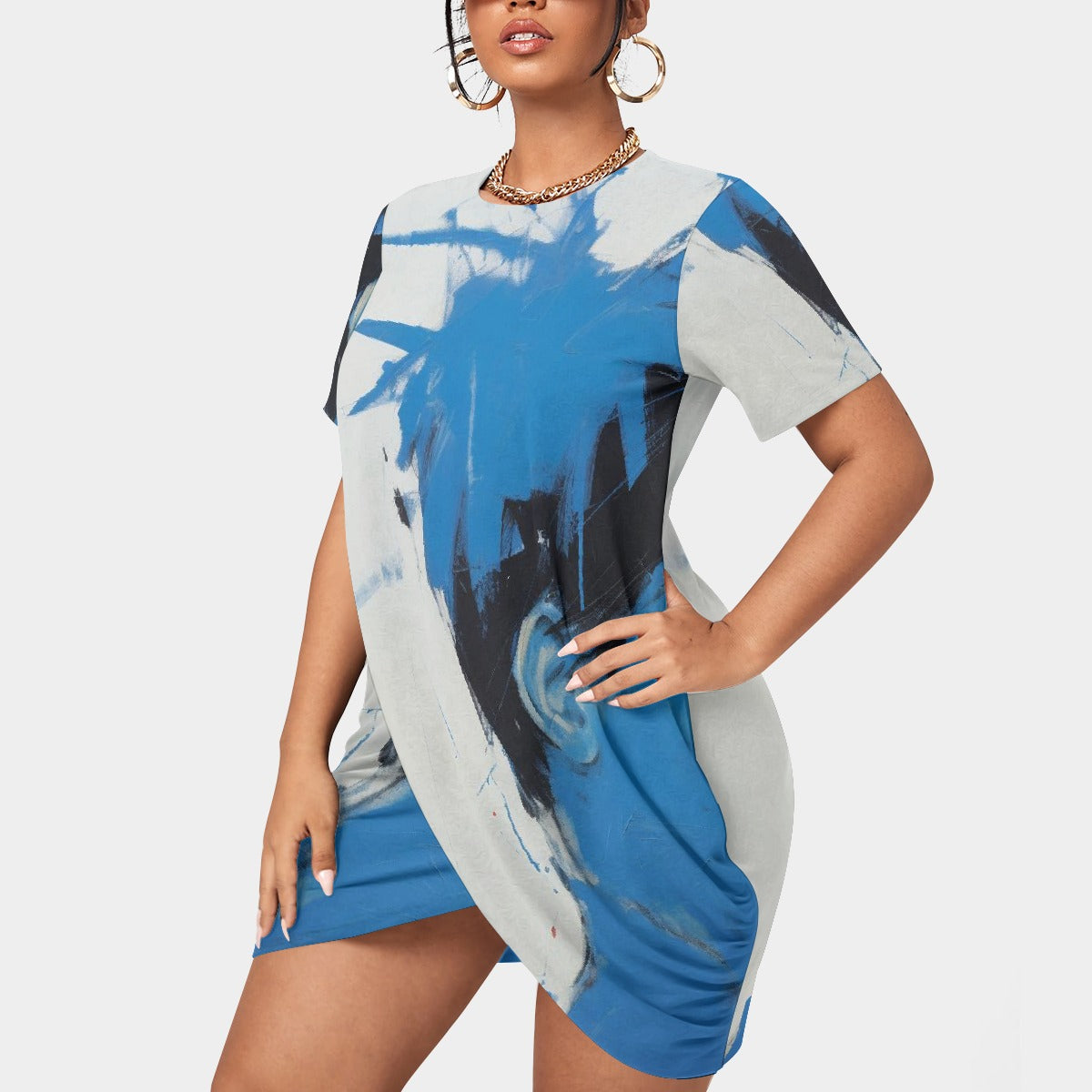 All-Over Print Women’s Stacked Hem Dress With Short Sleeve（Plus Size）