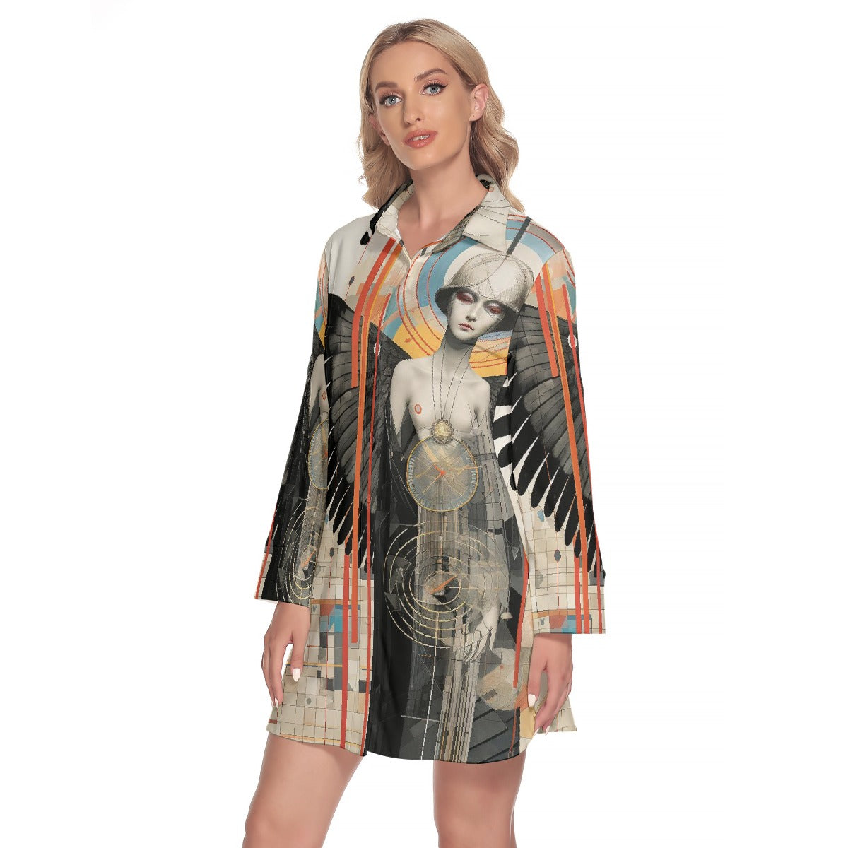 All-Over Print Women's Lapel Shirt Dress With Long Sleeve