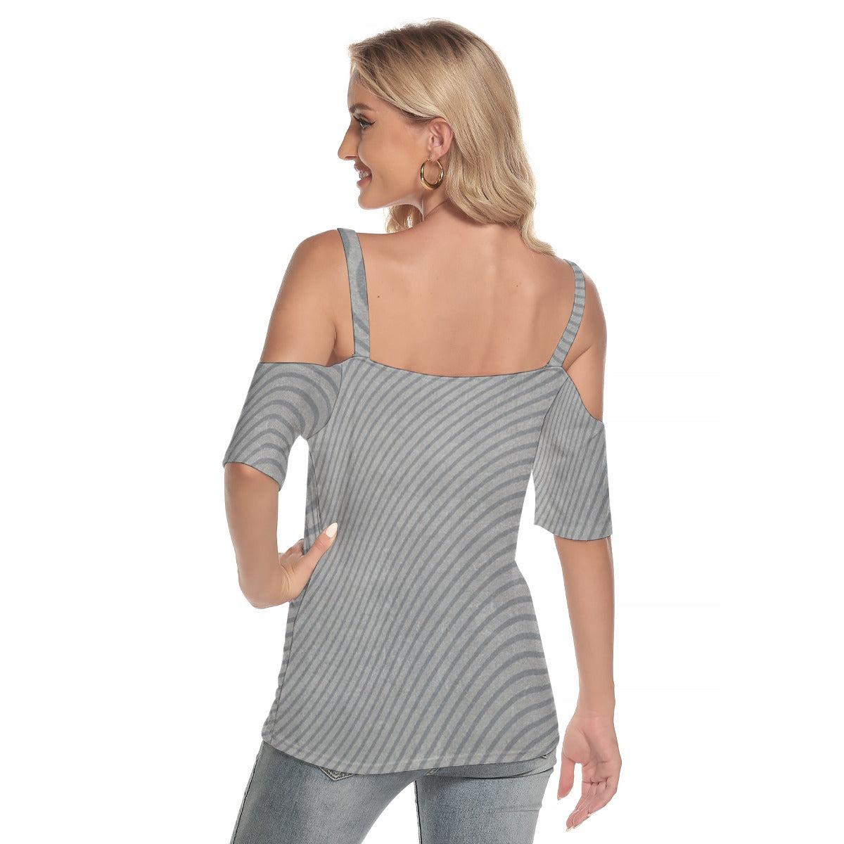 All-Over Print Women's Cold Shoulder T-shirt With Criss Cross Strips