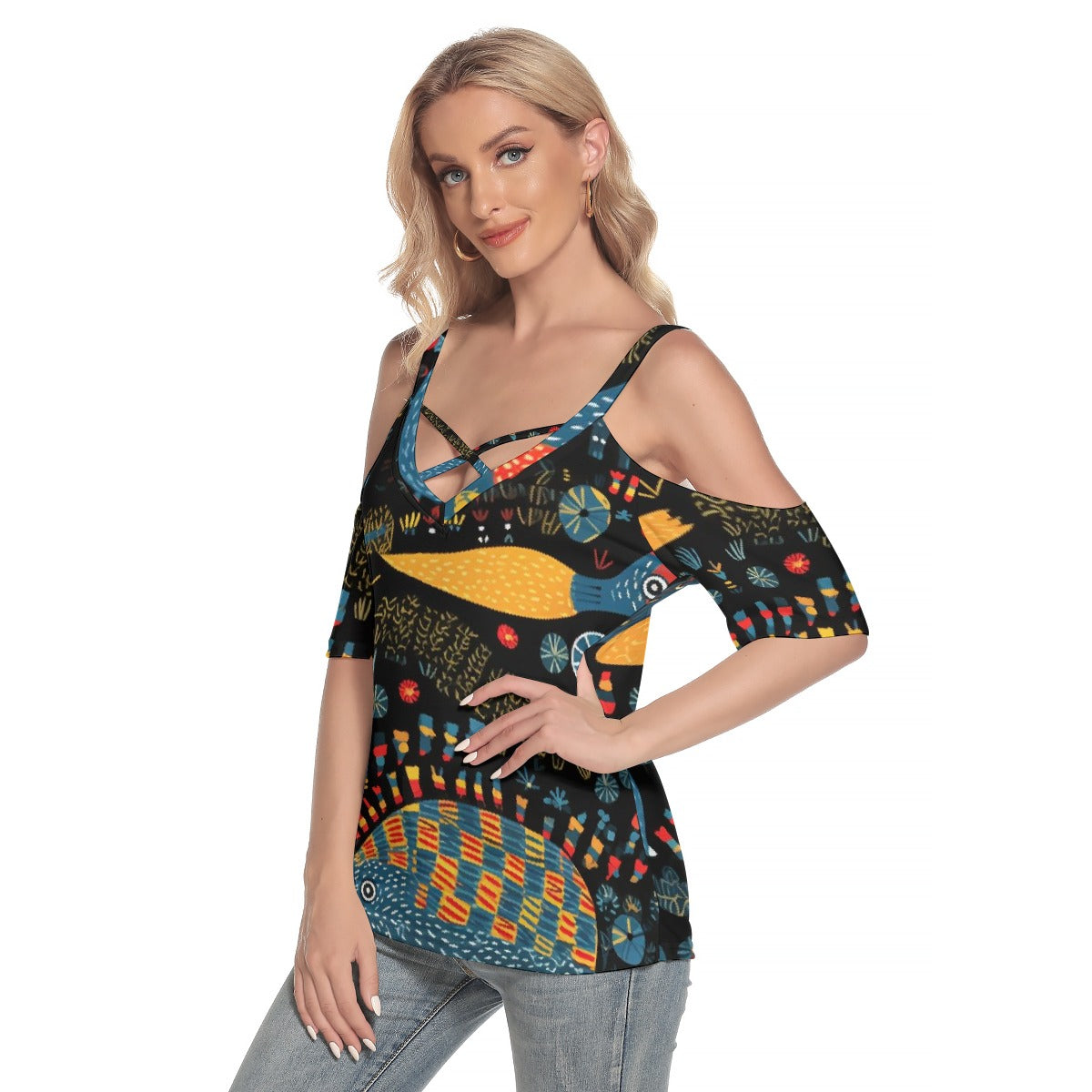 All-Over Print Women's Cold Shoulder T-shirt With Criss Cross Strips