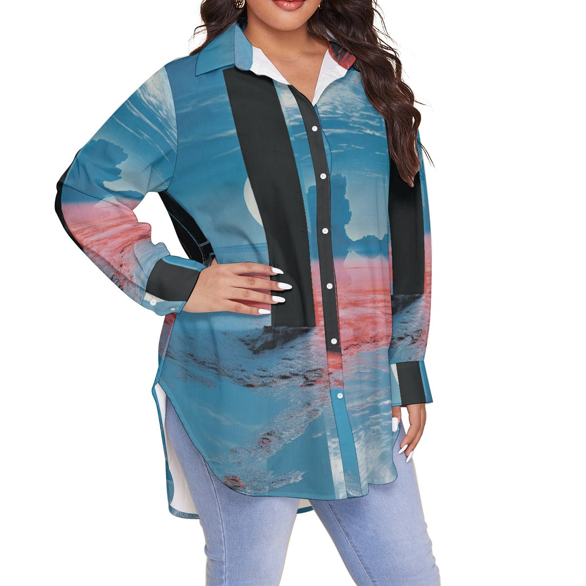 All-Over Print Women's Shirt With Long Sleeve(Plus Size)