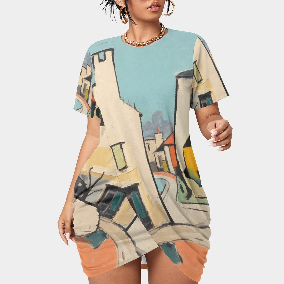 All-Over Print Women’s Stacked Hem Dress With Short Sleeve（Plus Size）