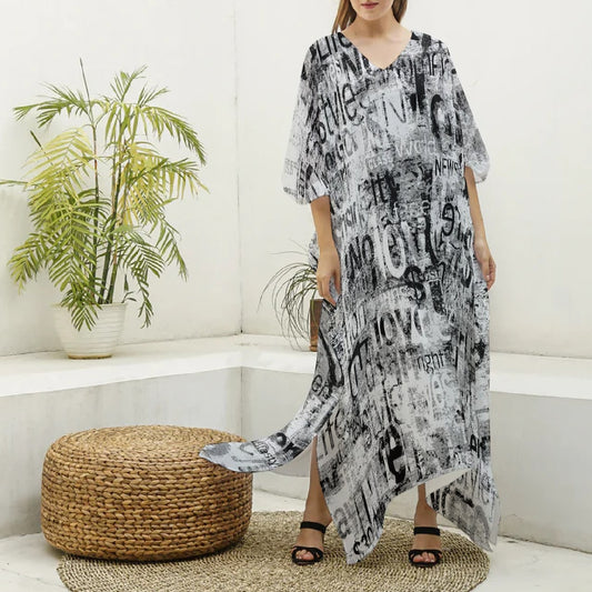 All-Over Print Women's Imitation Silk V-neck Kaftan Robe