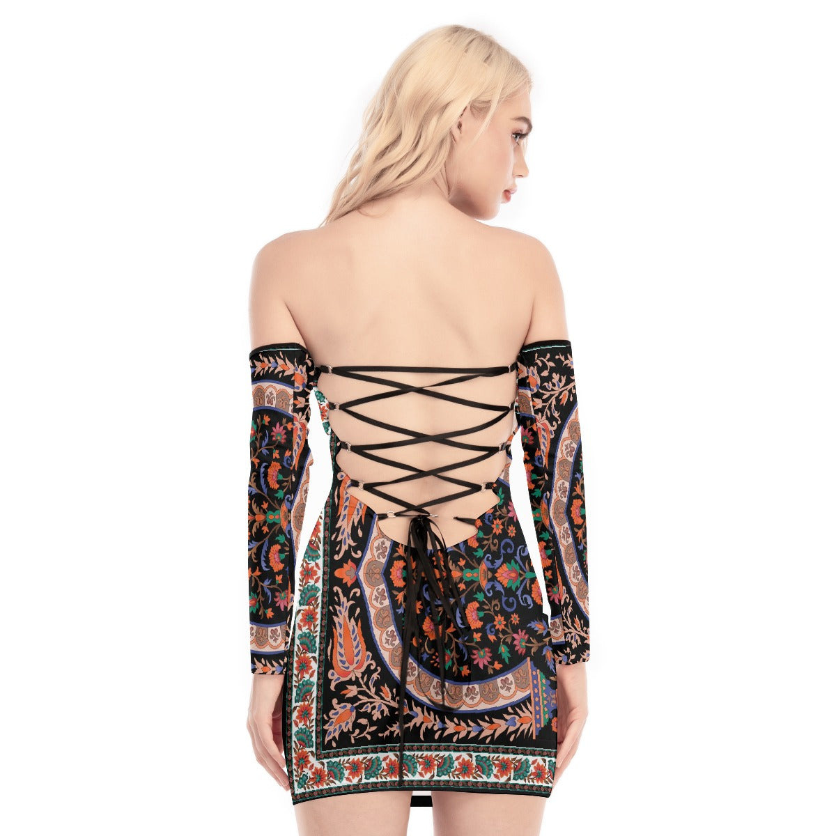 All-Over Print Women's Off-shoulder Back Lace-up Dress