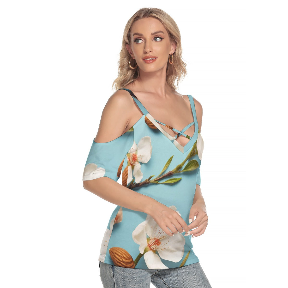 All-Over Print Women's Cold Shoulder T-shirt With Criss Cross Strips