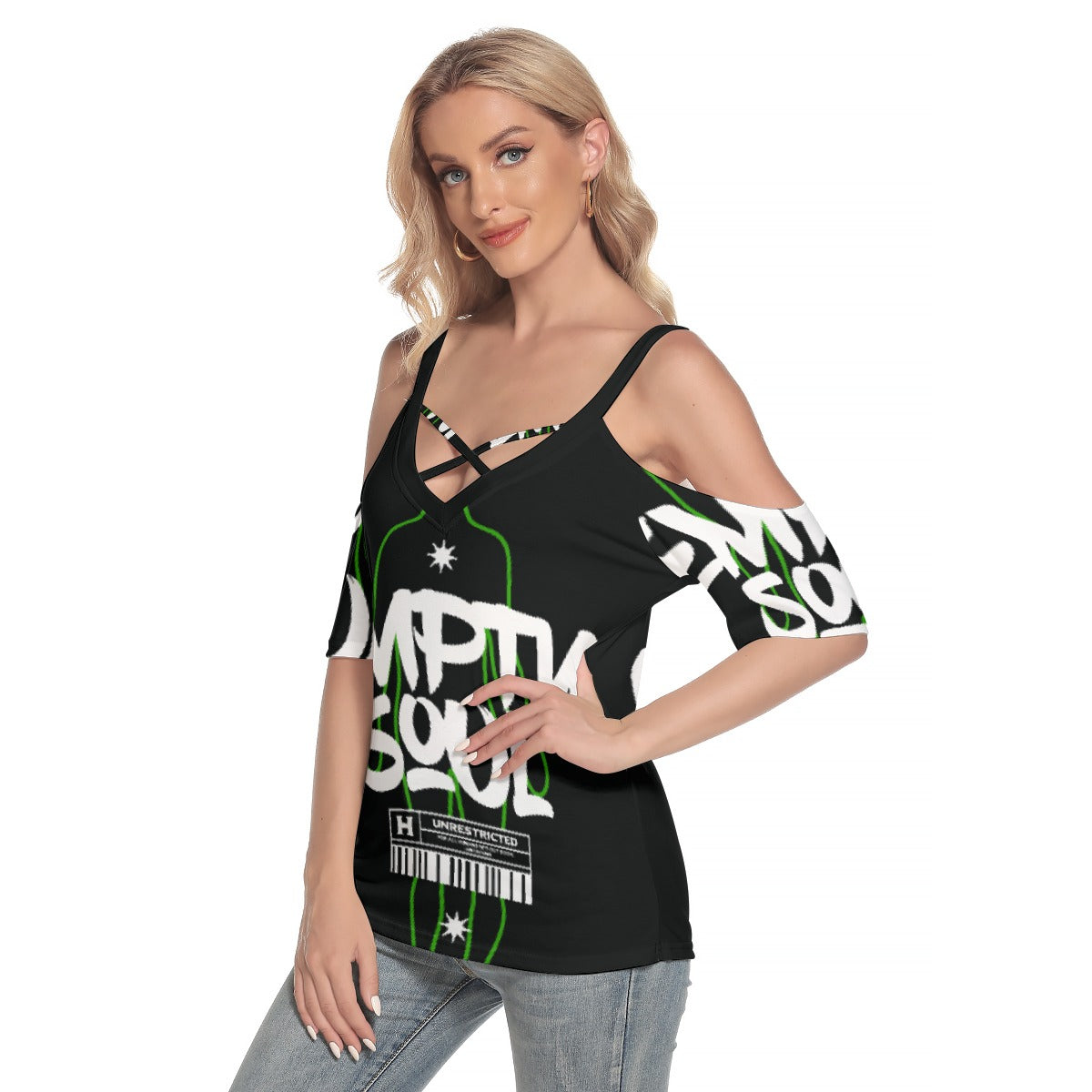 All-Over Print Women's Cold Shoulder T-shirt With Criss Cross Strips