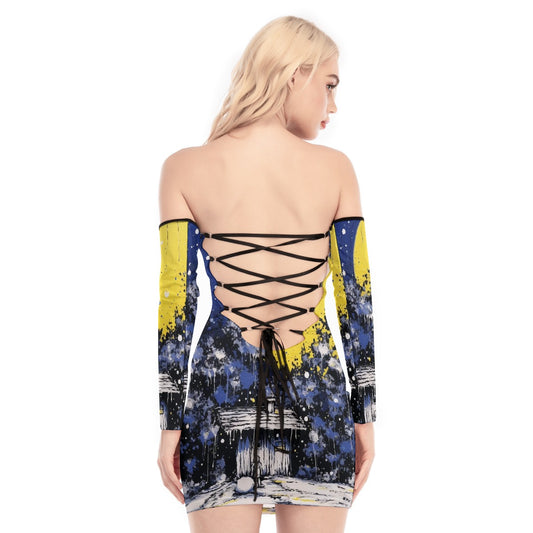 All-Over Print Women's Off-shoulder Back Lace-up Dress