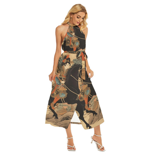 All-Over Print Women's Wrap Hem Belted Halter Dress