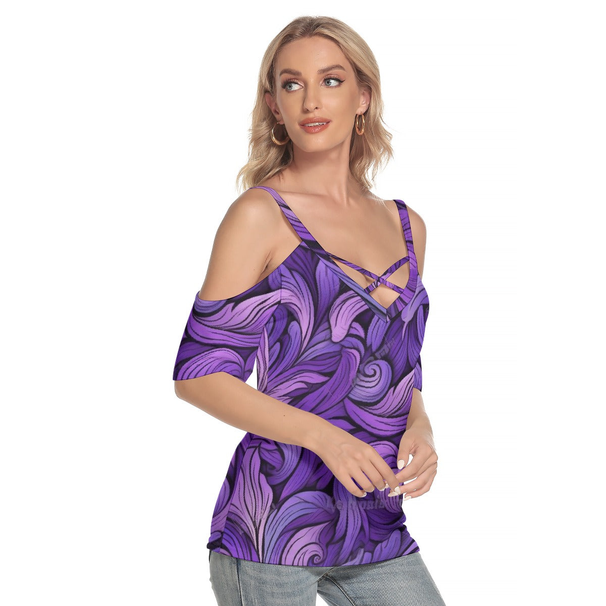 All-Over Print Women's Cold Shoulder T-shirt With Criss Cross Strips